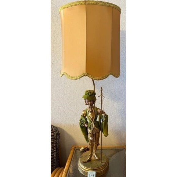 Vtg 40" MCM Italian Pixie Elf Statue Table Floor Lamp Torchiere Green Gold Leaf - Picture 7 of 16